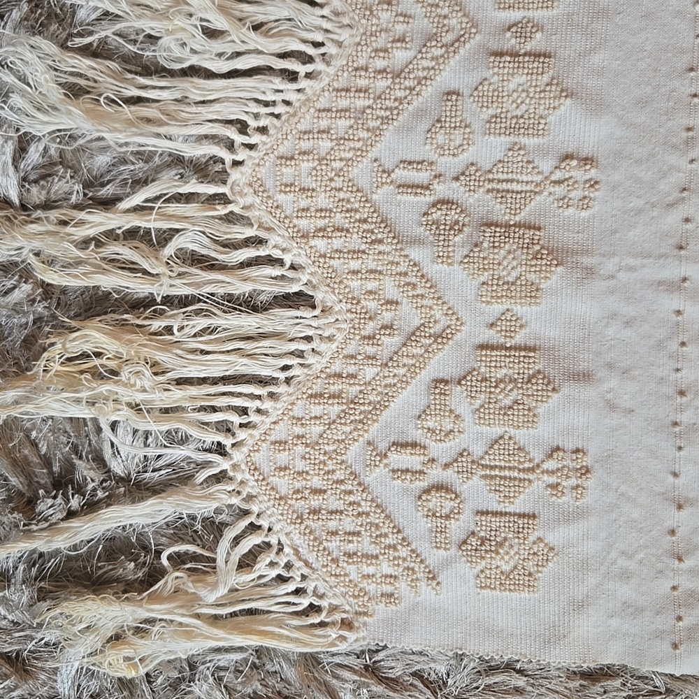 Cream Fringed Embroidered Throw Rug - Picture 7 of 10